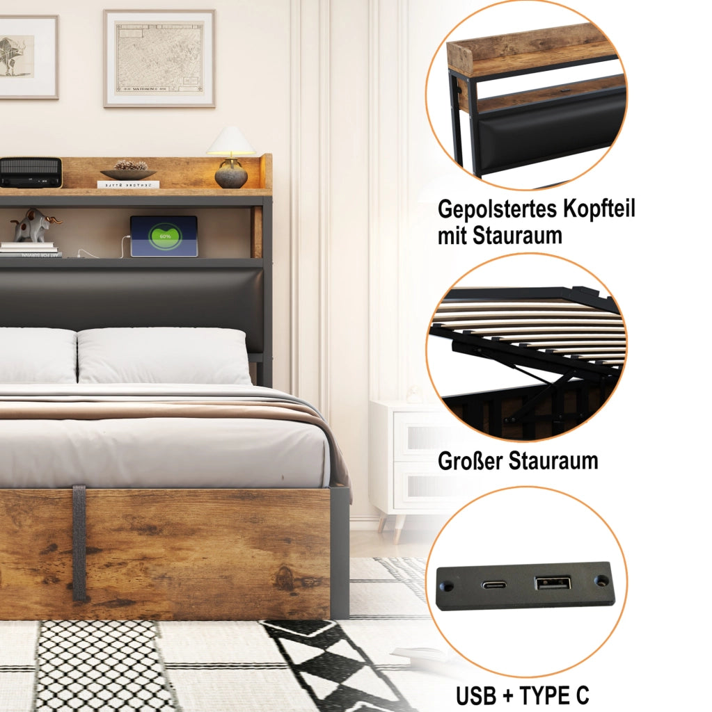 Letto matrimoniale 180x200 con contenitore idraulico e USB