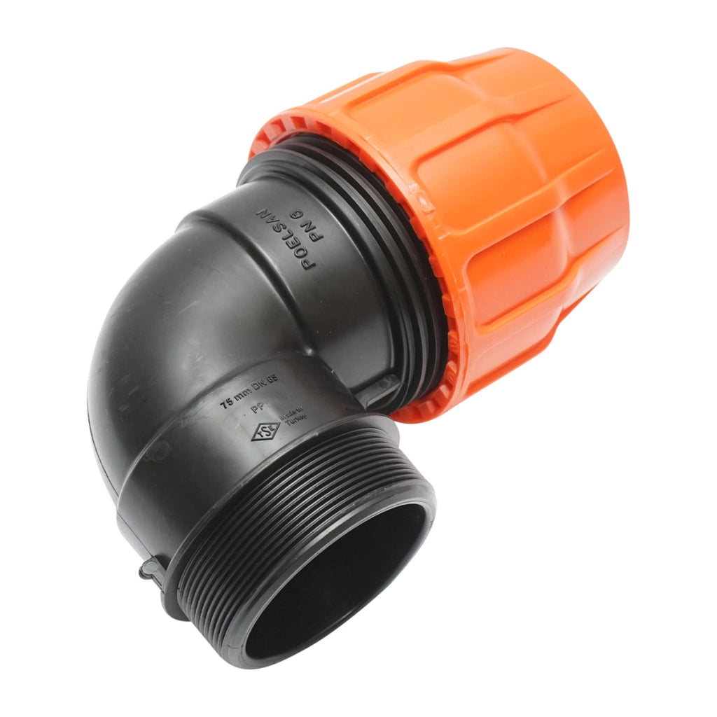 Gomito Layflat con olandese D75x75mm con filettatura interna, PN6 Poelsan.