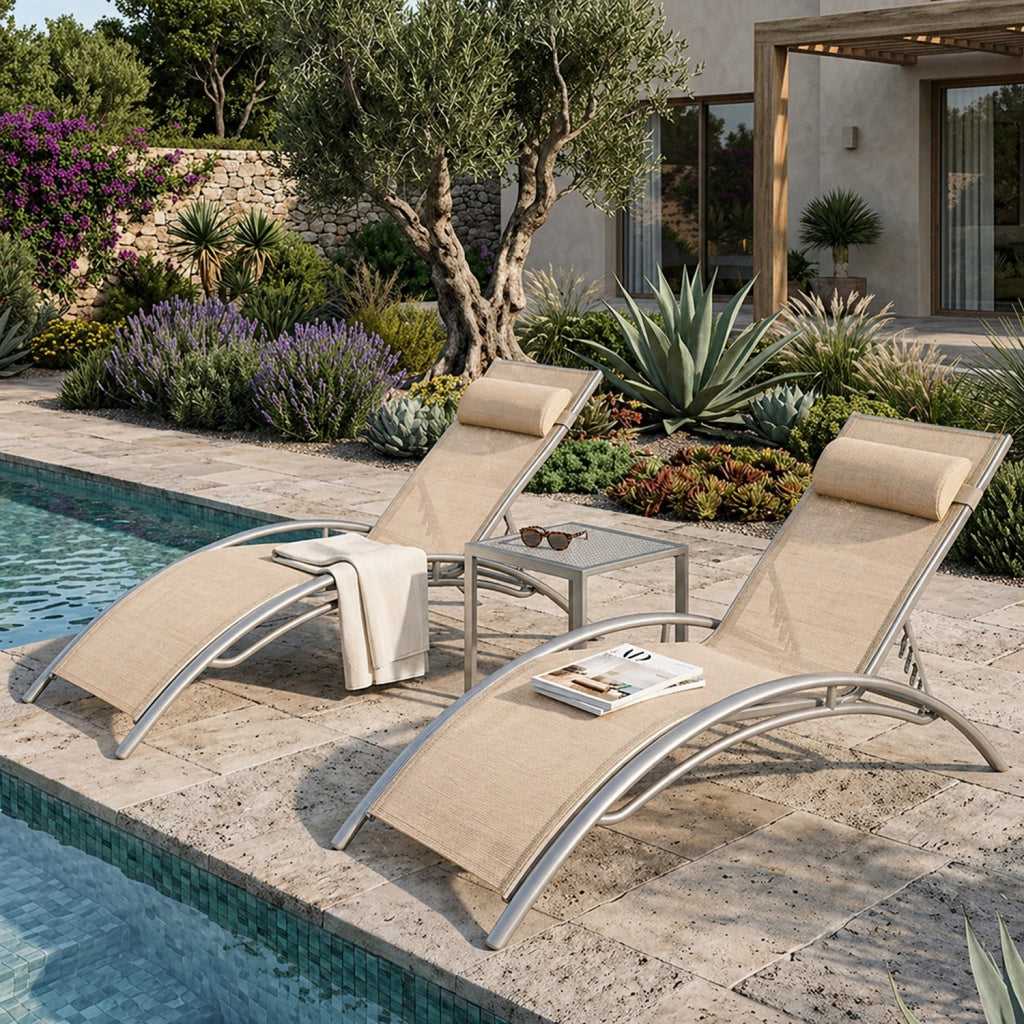 Set 2 Lettini Prendisole Reclinabili Per Giardino Con Schienale Regolabile 5 Posizioni Tessuto Traspirante Per Piscina Terrazza Outdoor 59 x 158 x 81.5 Cm Beige