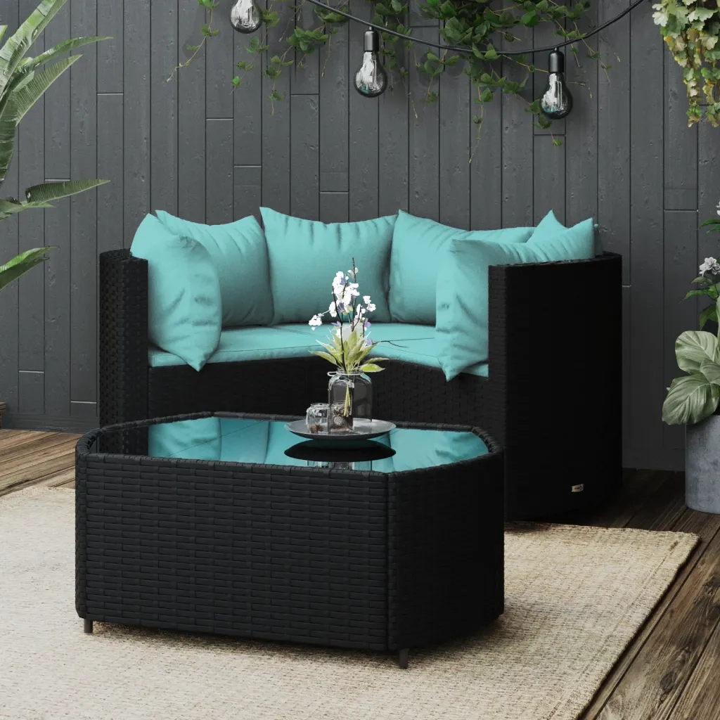 Set Divani da Giardino 4 pz | Set Salotto da Giardino con Cuscini Nero in Polyrattan