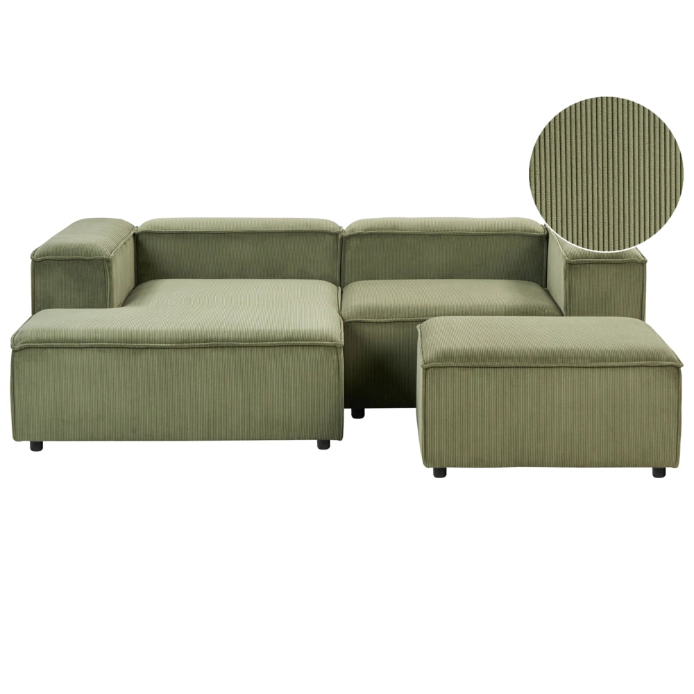 Divano angolare modulare velluto a coste verde 3 posti lato destro con pouf Gambe nere Soggiorno moderno