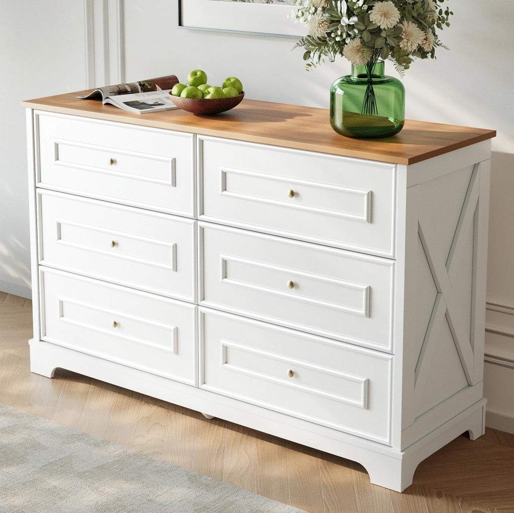 Sideboard 120x40x76 cm con 6 cassetti; motivo rustico; in MDF e truciolato; bianco e naturale