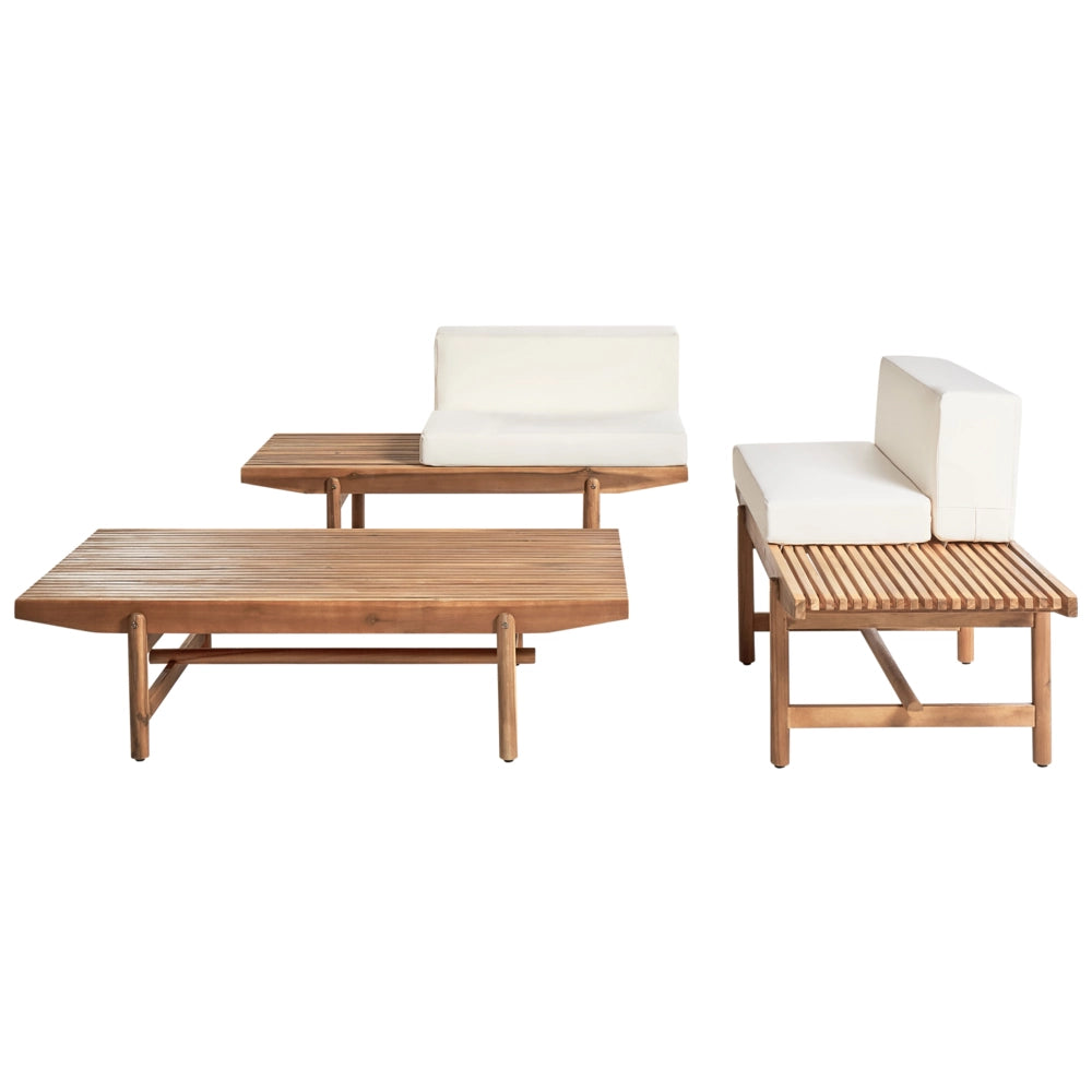 Set di divani da giardino Cuscini bianco sporco Legno di acacia Rustico per esterni 2 posti con tavolino