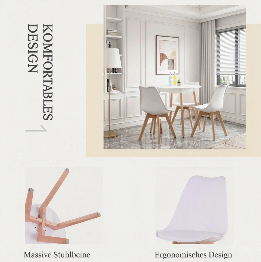 Set tavolo da pranzo rotondo bianco e legno con 4 sedie
