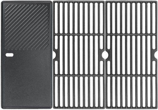 Piatti Grill in Acciaio Fuso - 3 Pezzi - 43 x 21 cm - Adatto per Barbecue a Gas - Buona Conduttività Termica - Perfette Marcature di Cottura - Griglia per Barbecue