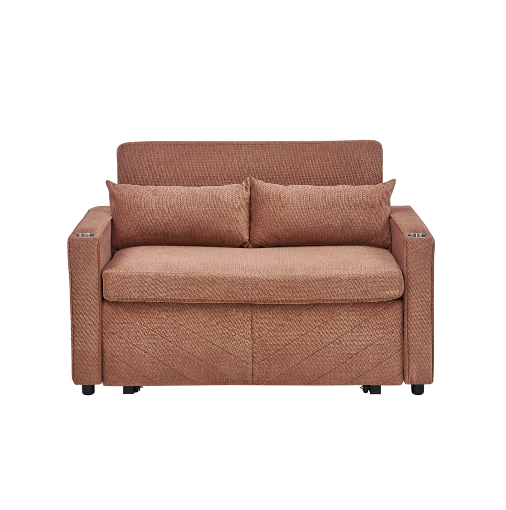 Divano letto 2 posti 195x134x73 cm in legno e tessuto arancione con USB