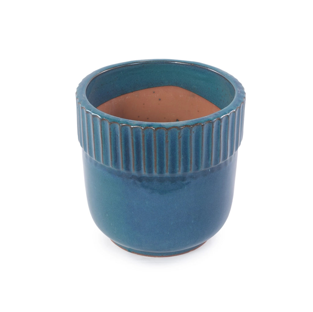 Set di 3 vasi da giardino in ceramica fatti a mano, smalto lucido turchese, diametri 38/30,5/23 cm, con scanalature verticali e fori di drenaggio