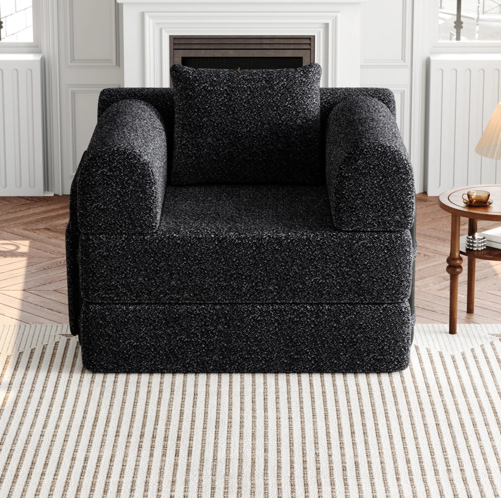 Divano letto singolo 2 in 1 in ciniglia nera con vano bracciolo