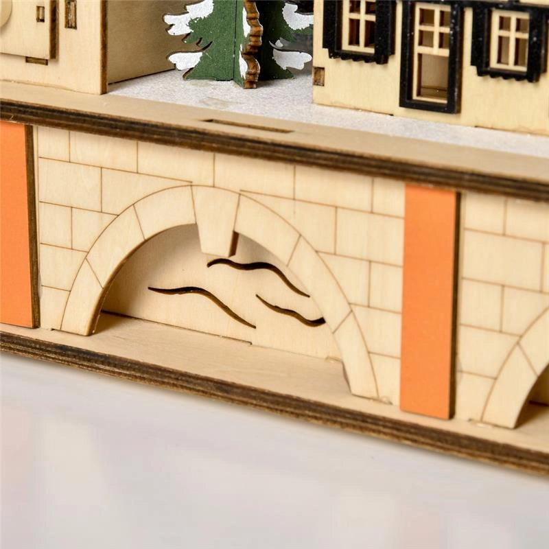 CALENDARIO DELL'AVVENTO IN LEGNO CON 24 CASSETTI DECORAZIONE CON VILLAGGIO DI NATALE E LUCI, 44X10X37CM