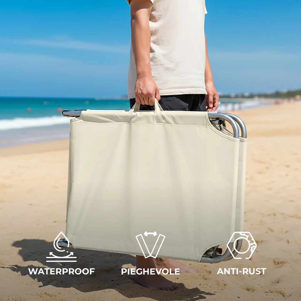 Coppia Lettini Prendisole Pieghevoli in Metallo  Reclinabili 4 Posizioni, Waterproof e Anti-UV, Portata 110 kg, Ideali per Mare Giardino Piscina Ecru