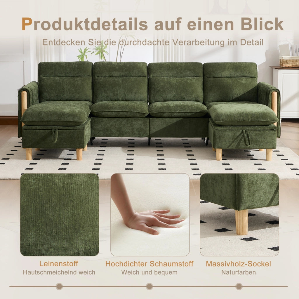 Divano panoramico a U modulare con contenitori e tasche laterali in chenille verde per famiglia 261 × 77 × 86 cm