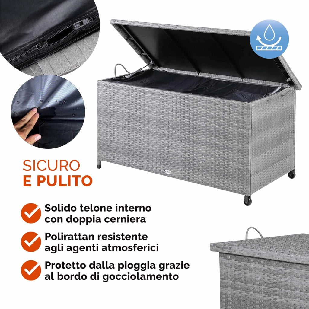 Baule da Giardino Salvaspazio 122x56x62cm Polyrattan Box Esterno con Rotelle Coperchio