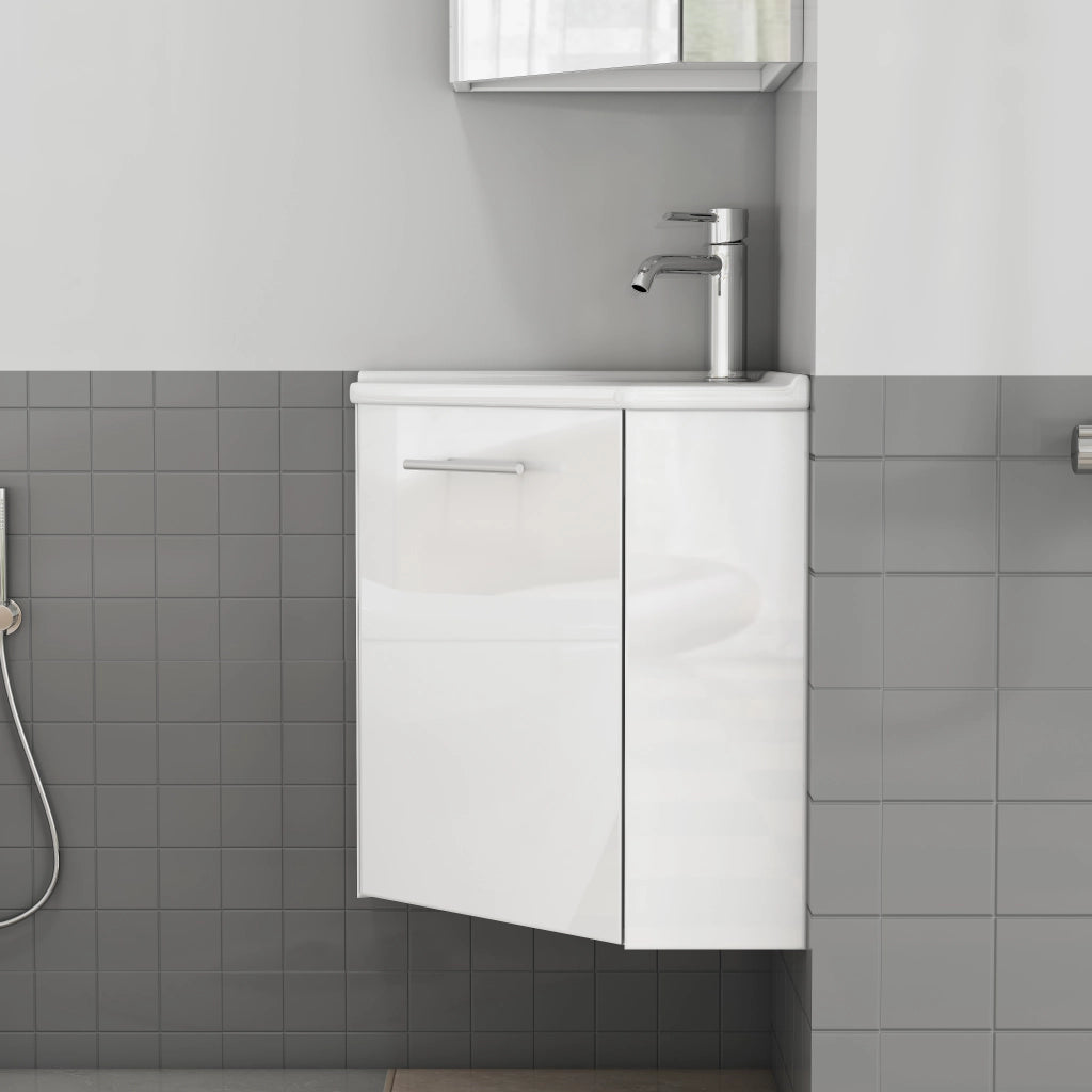 Mobile angolare da bagno con lavabo in ceramica lucida e paraspruzzi, completamente preassemblato per una facile installazione, lavabo angolare