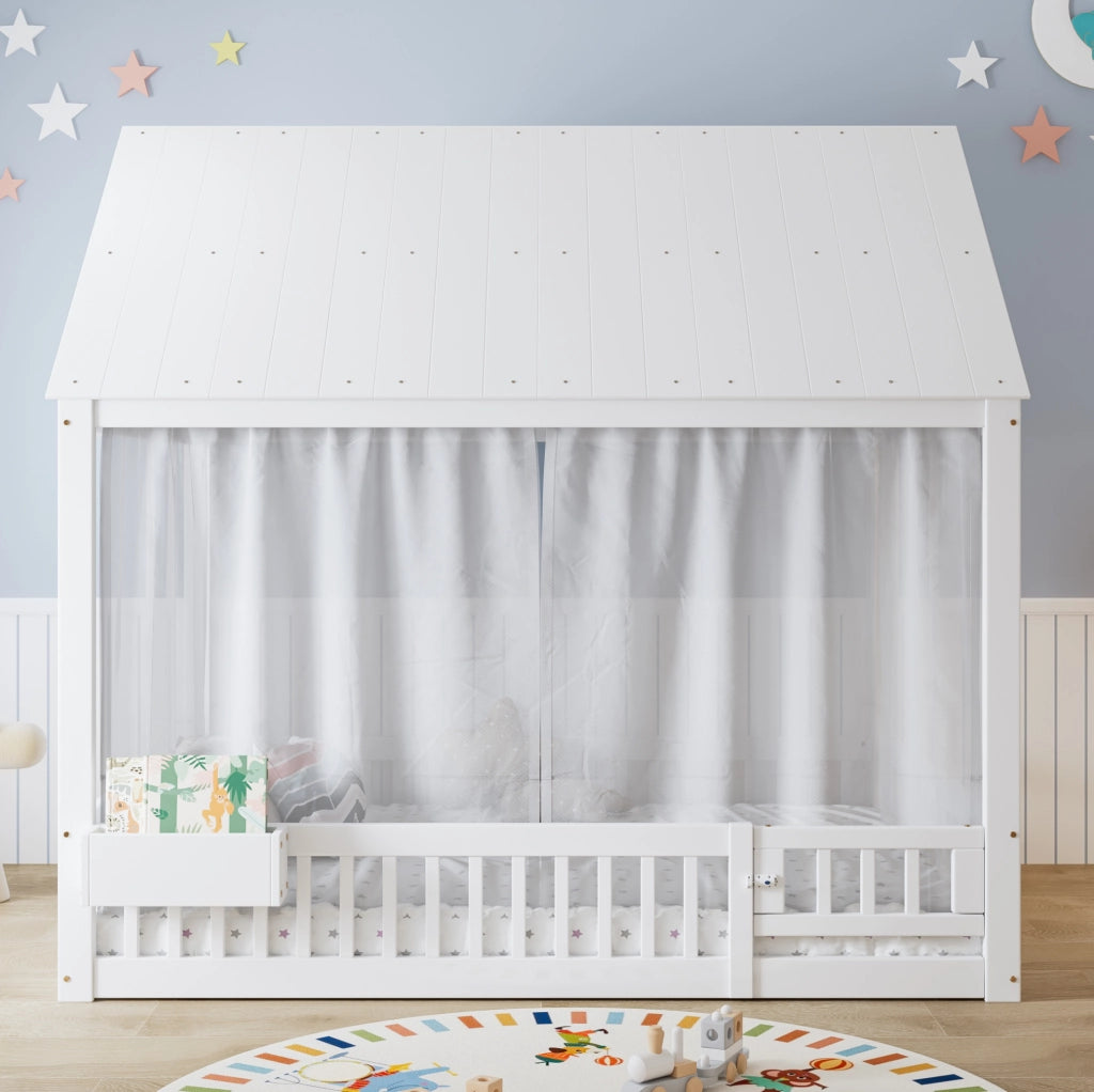 Letto singolo per bambini 140x200 cm con dettagli a finestra e piccolo vano contenitivo