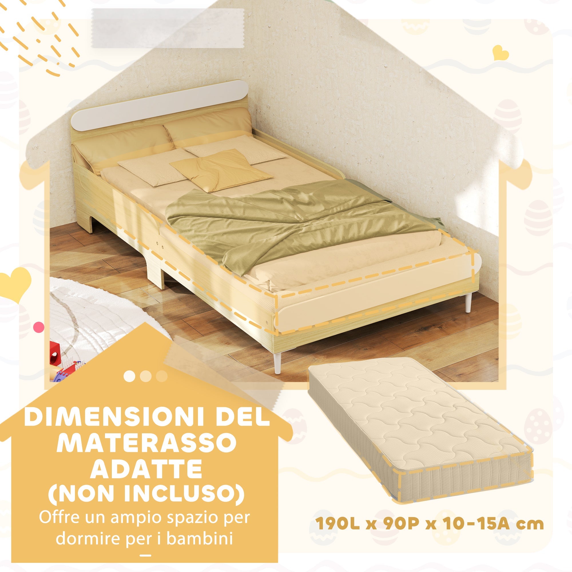 Letto Singolo per Bambini Basso con Sponde Laterali Alte 194,8x103x60,5 cm Bianco e color Legno