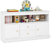 Organizzatore per Giocattoli per Bambini, Scaffale in Legno con Scomparto Aperto 2 Cassetti e 2 Ante, Mobile Multifunzionale per Sala Giochi Camera da Letto Asilo, 106x30x62 cm (Bianco)