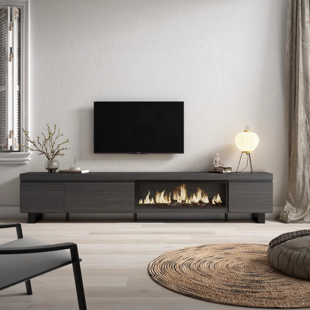 Mobile TV Soggiorno, 288x35x57cm, TV di grande formato, Camino elettrico XXL, Design industriale, Nero RF3612