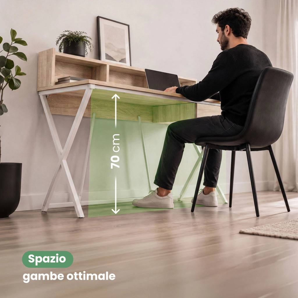 Scrivania PC industriale Rovere Sonoma FLEXO 100 cm 1 cassetto 1 ripiano gambe bianche