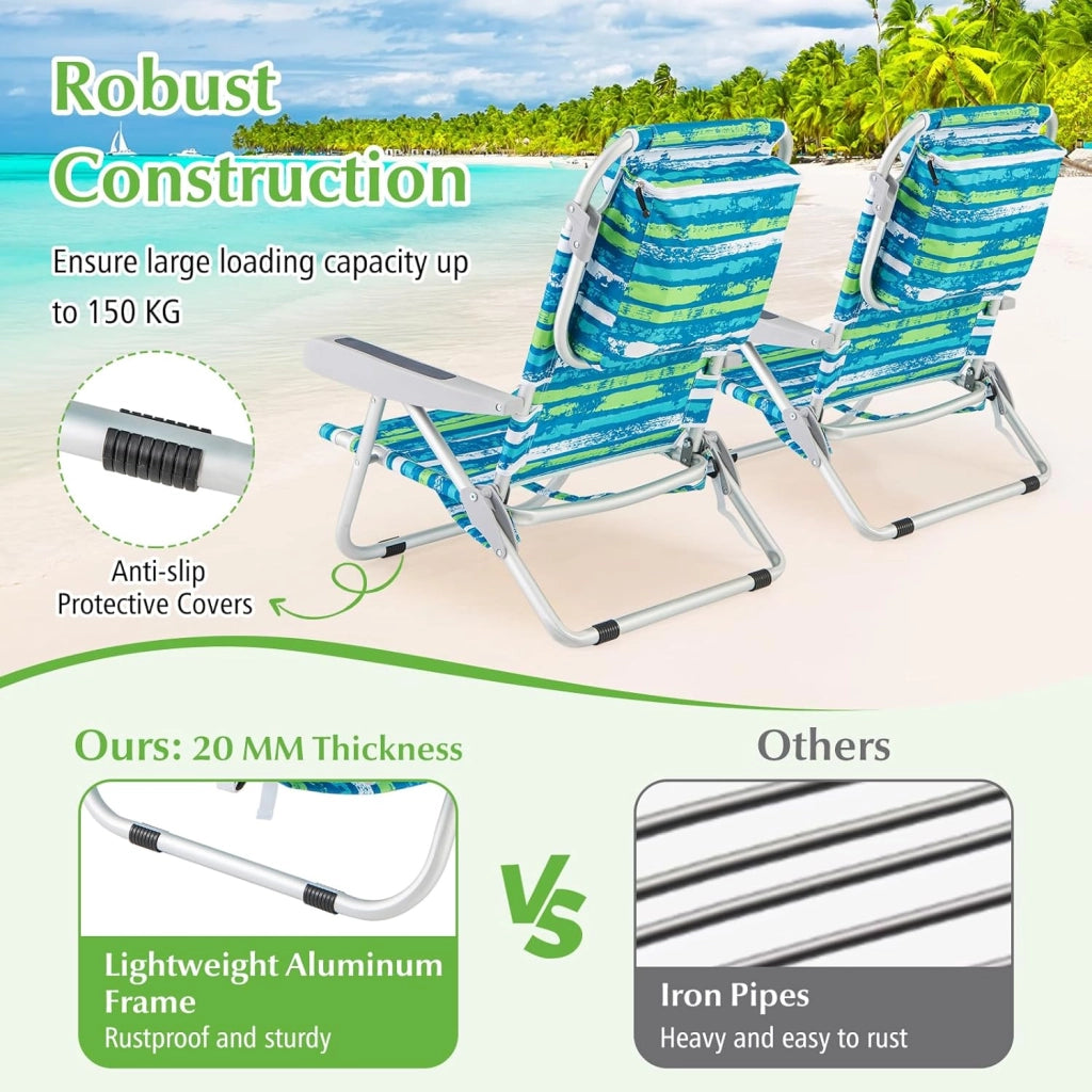 Sedia da Spiaggia Pieghevole, Spiaggina con Schienale Regolabile in 5 Posizioni, Sdraio Mare con Poggiatesta, Lettino Prendisole con Tasca Laterale, Carico 150 kg (Blu+Verde*2)