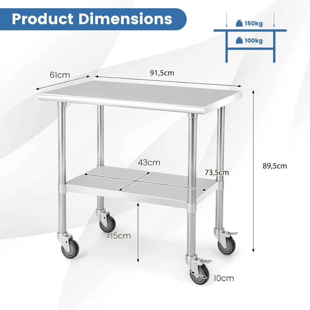 carrello portautensili in acciaio inox con ruote, altezza regolabile, tavolo da cucina per preparazione cibi a 2 livelli, tavolo smontabile con capacità di carico 250 kg per ristorante e