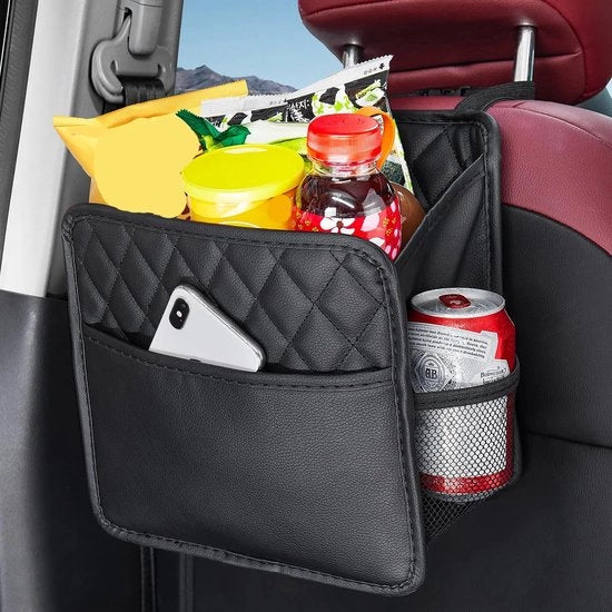 Organizzatore per sedile posteriore in pelle PU impermeabile, ripiegabile e universale per auto, con contenitore di stoccaggio per viaggi in auto con bambini, adulti e viaggi in auto.