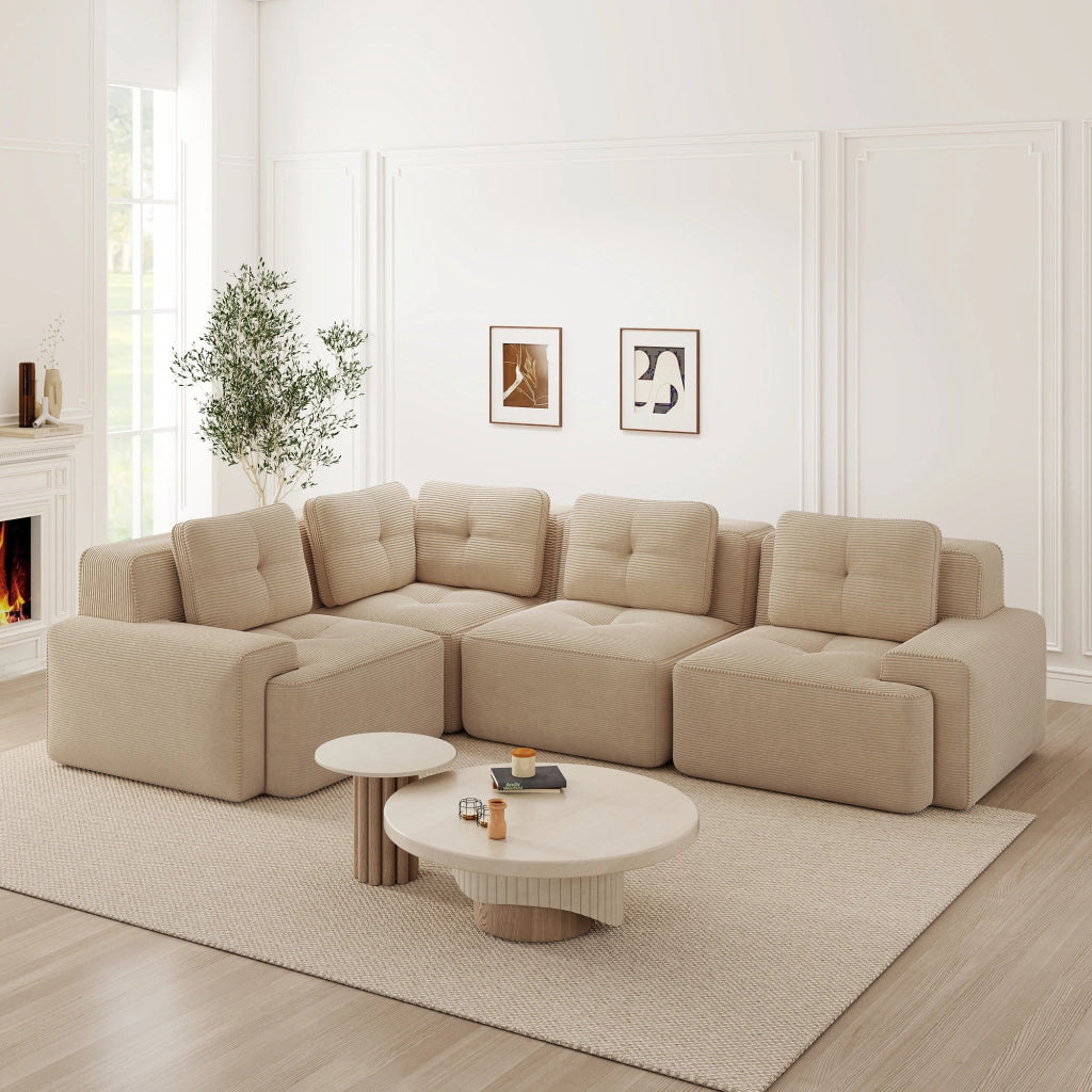 Divano angolare modulare in velluto a coste con base antiscivolo e braccioli ampi senza montaggio per soggiorno beige