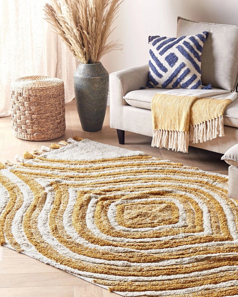 Tappeto beige e giallo 160 x 230 cm cotone fatto a mano motivo geometrico soggiorno camera da letto