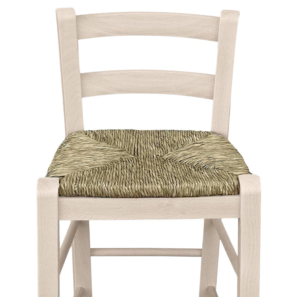 Sgabello snack legno grezzo con schienale da verniciare in paglia h 67