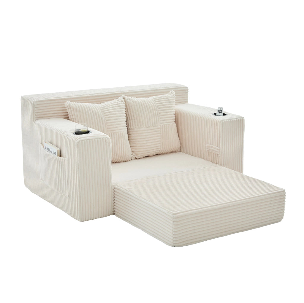 Pouf divano moderno 151x133x64 cm in corduroy beige con tasche laterali e cuscini