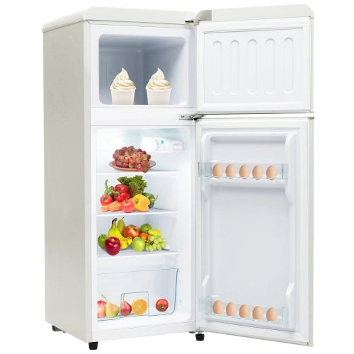 Frigorifero retrò; frigorifero-freezer combo; volume totale 92L; congelatore 28L; mensole per porte; mensole in vetro; luce LED; efficiente energetico; bianco antico