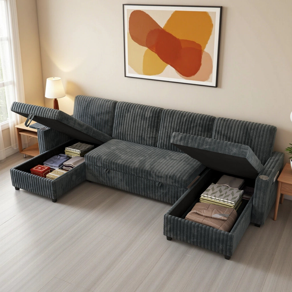 Divano panoramico a U modulare con funzione letto contenitore USB e braccioli regolabili in velluto a coste grigio