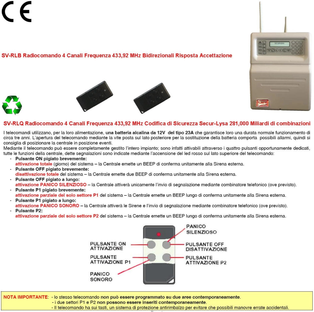 Radiocomando Inserimento e Disinserimento Totale e Parziale Tipo Giorno Notte Per Sistema di Allarme Lysa64 e Lysa GSM Sydra 4 Canali Frequenza 433,92 MHz rolling code Anticollisione Antiannebbiamento