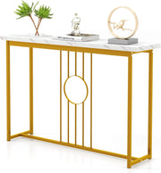 Tavolo Console da ingresso, ingresso stretto con piano in marmo imitazione e struttura in metallo dorato, tavolo laterale da 120 cm per corridoio, soggiorno, 120 x 30 x 80,5 cm