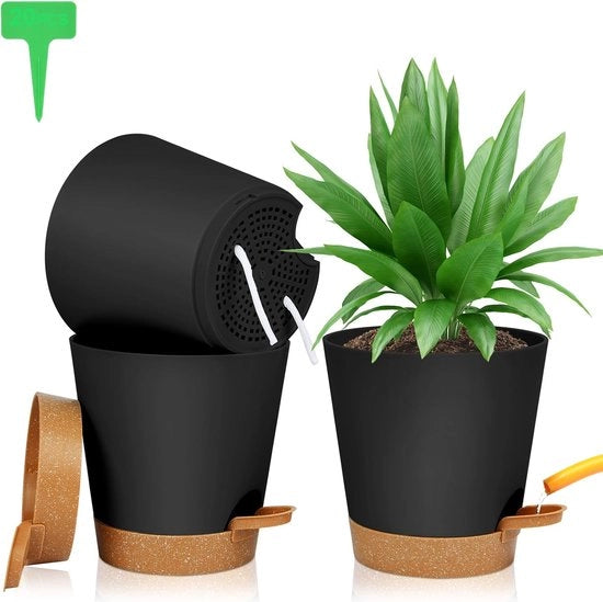 Vaso di Plastica con Supporto - Autoirrigazione - 3 Pezzi - 20 x 19 cm - Vaso per Piante - Etichette per Piante