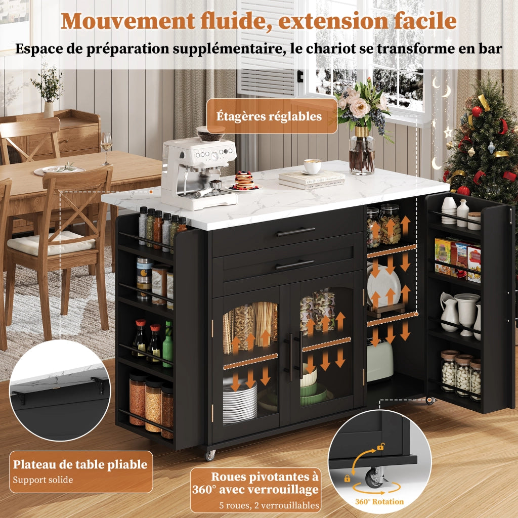 CARRELLO DA CUCINA con piano ribaltabile 120 x 45 (70) x 90 cm MDF nero