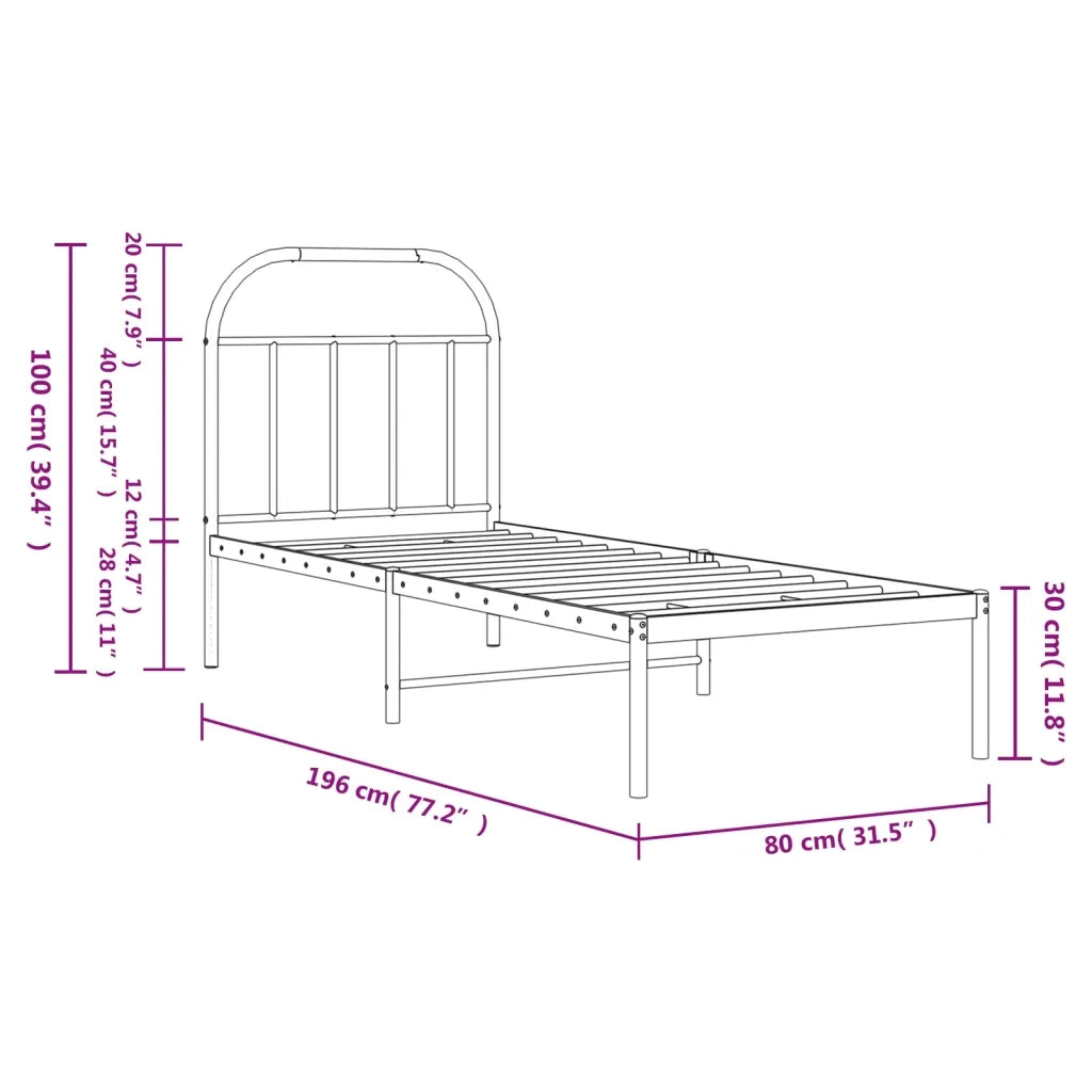 Letto singolo | Letto per adulti | Giroletto con Testiera in Metallo Nero 75x190 cm