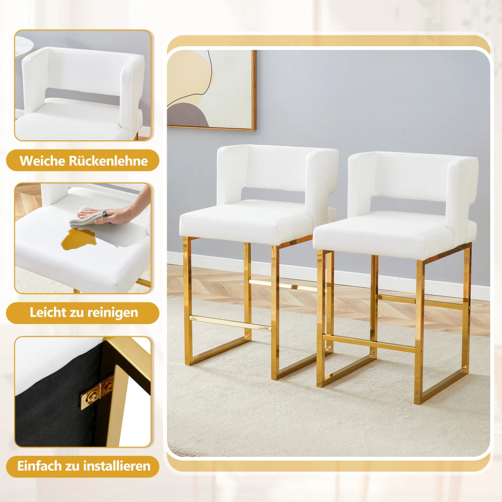 Sgabello da bar set da 2 con seduta imbottita quadrata e gambe in metallo dorato, in PU bianco 91,4 cm