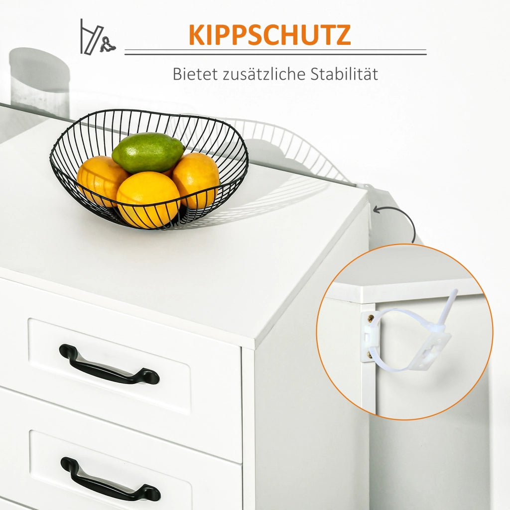 Credenza bianca con 4 cassetti, ripiano regolabile e dispositivo antiribaltamento per cucina e soggiorno.