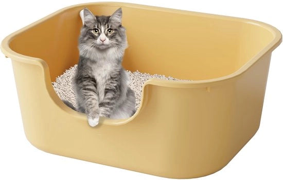 Cassetta per gatti aperta con bordo alto e ingresso basso, chiusa e protetta da sassi cadenti (giallo)