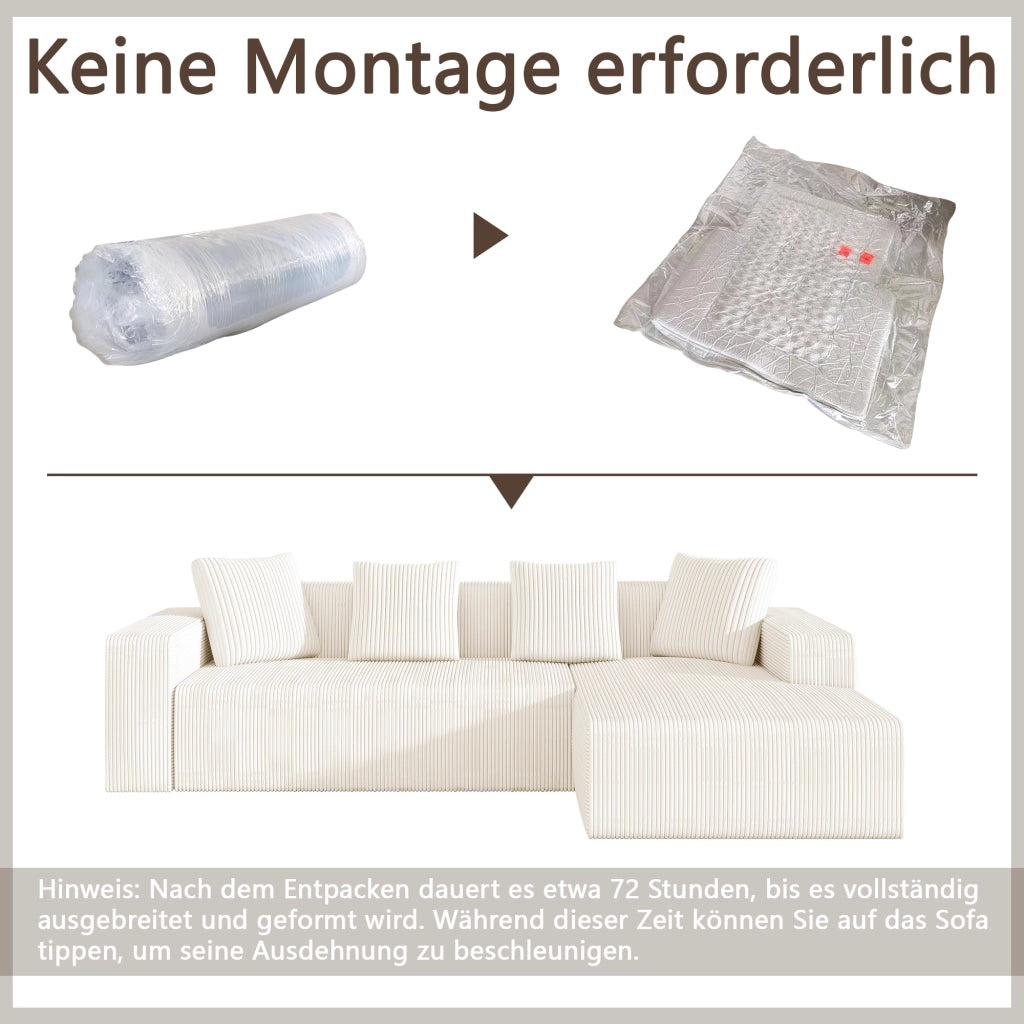 Divano modulare 3 posti con chaise longue e cuscini in velluto a coste bianco 261×146×65 cm