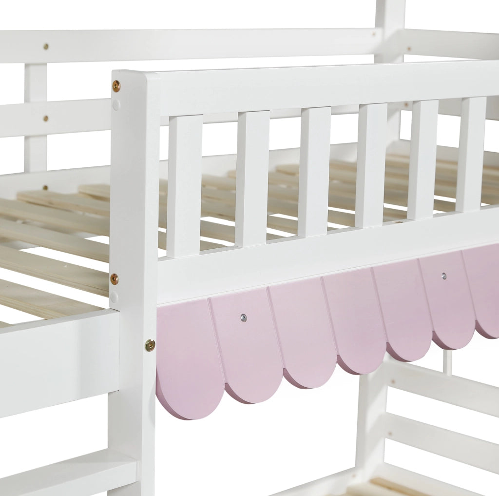 Letto a castello 90x200 cm con cassetti; ripiani e scala in legno bianco e rosa