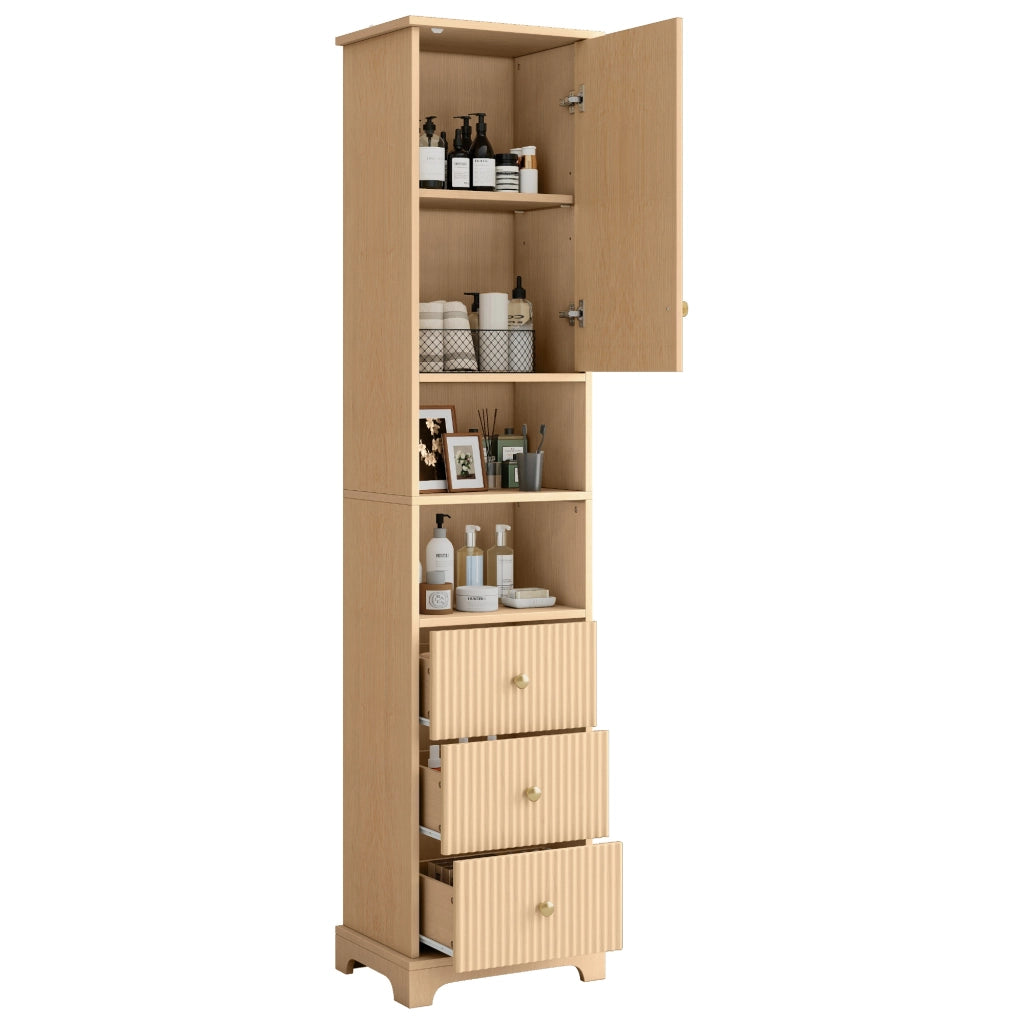 Mobiletto bagno alto 40x30x172 cm in MDF effetto legno naturale con 3 cassetti, vano a giorno e ripiano regolabile