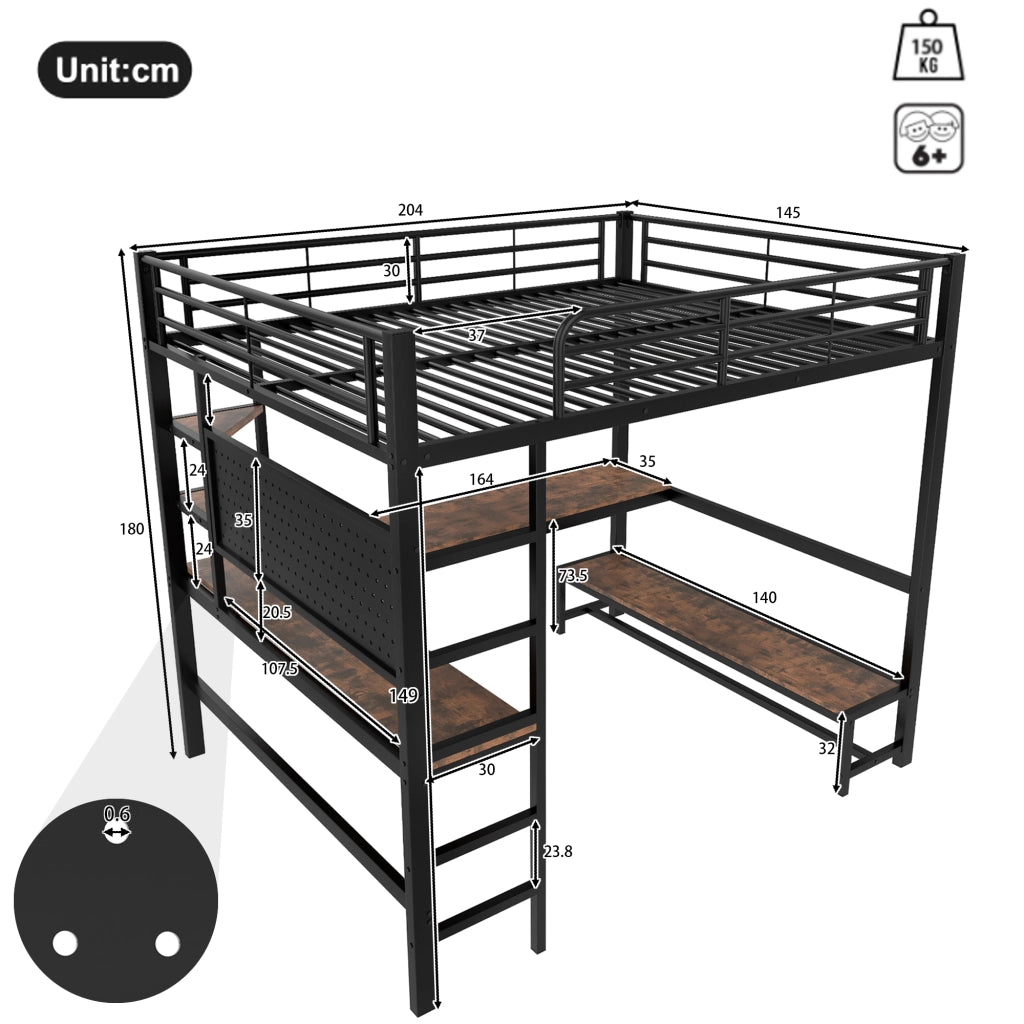 LETTO A CASTELLO con scrivania, LED e presa USB-C 140 x 200 cm nero
