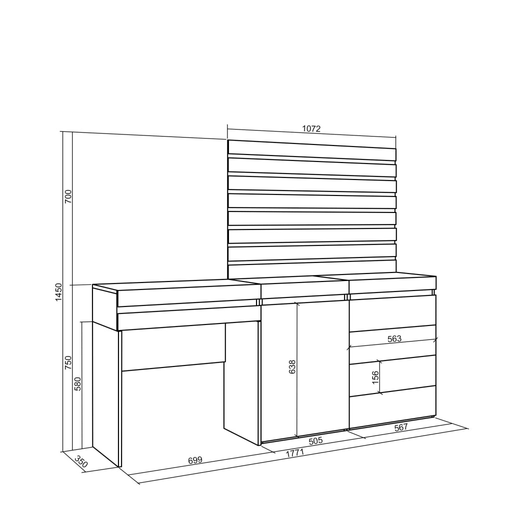 Tavolo da toeletta, 177x35x145cm, Con cassetto, Cassettiera, Pannelli Decorativi, colore Rovere RF3479