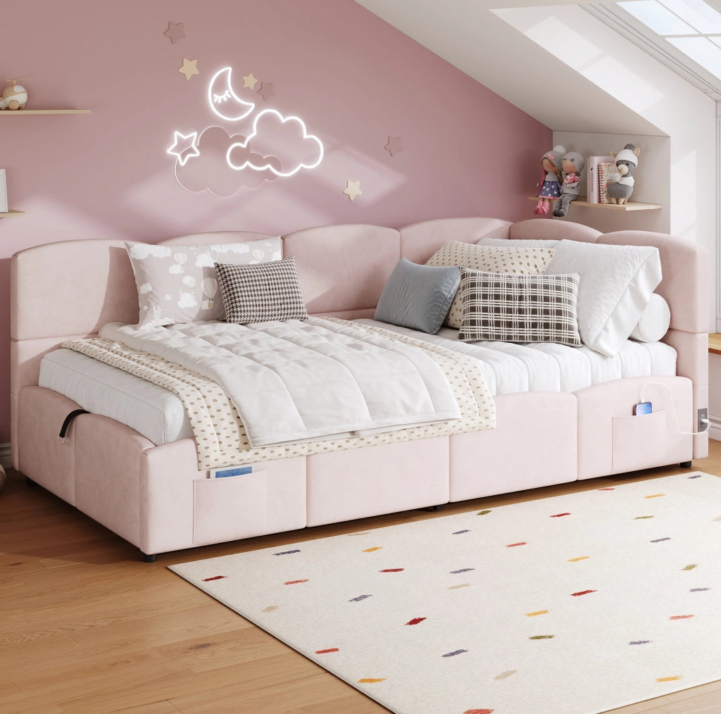 Letto imbottito 90x200 cm rosa con contenitore e USB