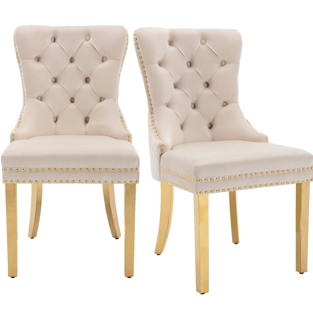 Sedia da pranzo in velluto beige con gambe dorate