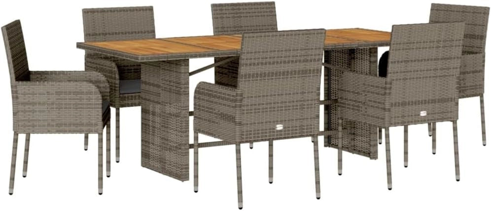 Set da pranzo giardino 7 pezzi e cuscini in rattan sintetico grigio, set tavolo e sedie da giardino, tavolo da terrazza all'aperto e sedie, set terrazza, mobili da giardino esterno - 3213512