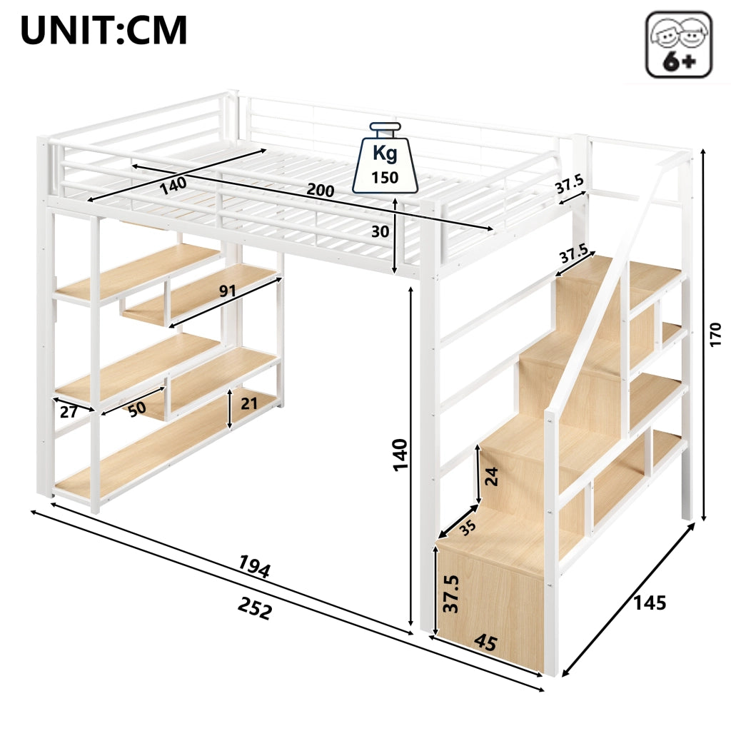 Letto a soppalco 140x200 per bambini con scala integrata; struttura in metallo e MDF; ripiani; LED e barriera; bianco
