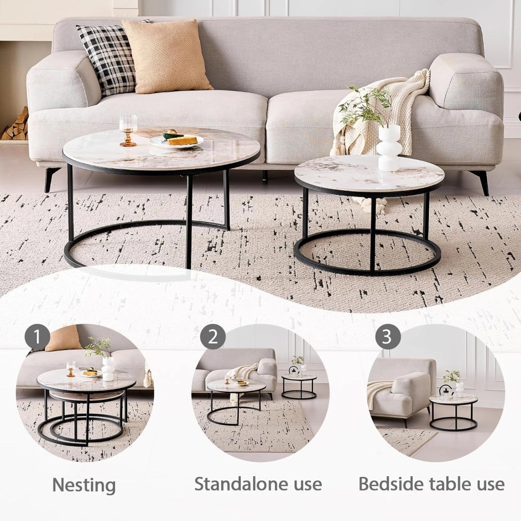 GrandCA HOME Set di 2 Tavolini Rotondi da Caffè, Tavolini Impilabili Moderni per il Soggiorno, Struttura in Metallo Nero, 50 cm e 70 cm, Realizzati in Marmo Pandora e Pietra Sinterizzata