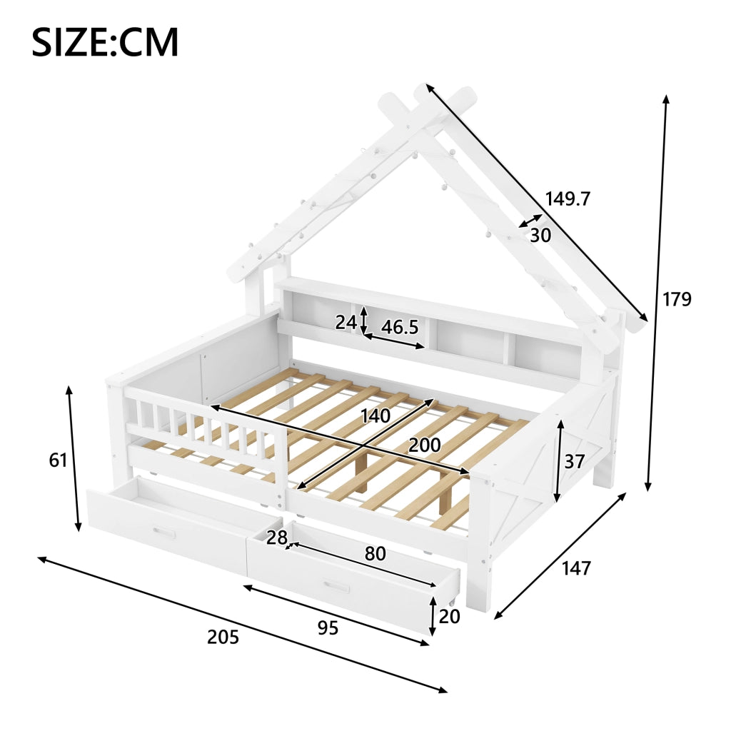 Letto per bambini 140×200 cm con LED; 2 cassetti; ripiani e barriera di sicurezza; senza materasso; bianco